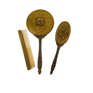 Vanity Set Globe 24K Gold Plated Hollywood Regency Boudoir Vintage | Mirror Comb
